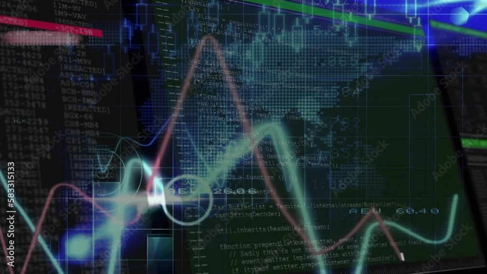 Animation of financial data processing over world map Animation of financial data processing over world map