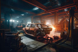 Dramatic shot of a car factory floor, workers and robots welding and assembling cars in warm lighting, generative ai