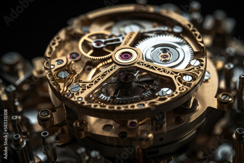 Detailed view of minuscule gear wheels inside a wristwatch, showcasing precision engineering and craftsmanship, generative ai