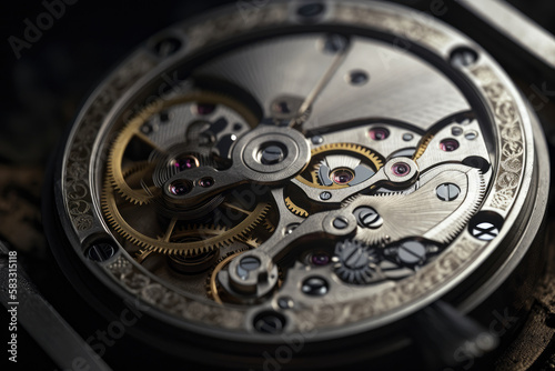 Detailed view of minuscule gear wheels inside a wristwatch, showcasing precision engineering and craftsmanship, generative ai