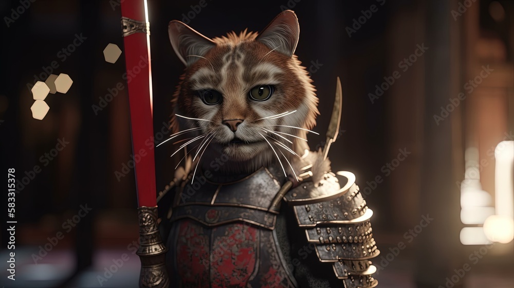 A fierce Cat Warrior with sharp claws and weapons ready to battle, digital art illustration, Generative AI