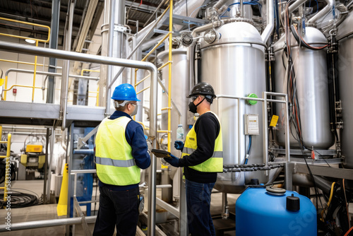 Engaged employees at a biofuel production facility, overseeing the process of turning biomass into fuel, generative ai