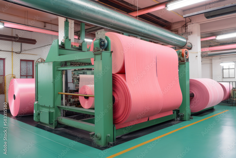 Fiberglass insulation production line, with machinery creating pink batts for residential and commercial use, generative ai