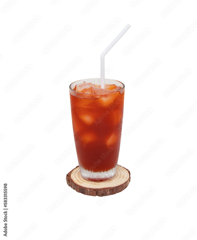 Tea lemon cocktail cola with ice on tall glass on small brown chopping board with white drinking straw. Isolated on cutout PNG. This refreshing summer drink with sweet and sour taste is popular. Tea lemon cocktail cola with ice on tall glass on small brown chopping board with white drinking straw. Isolated on cutout PNG. This refreshing summer drink with sweet and sour taste is popular.