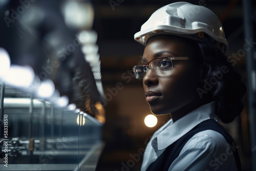 Female factory manager overseeing production on the factory floor, generative ai