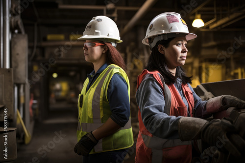Female workers in hard hats transporting heavy equipment in an industrial setting, generative ai