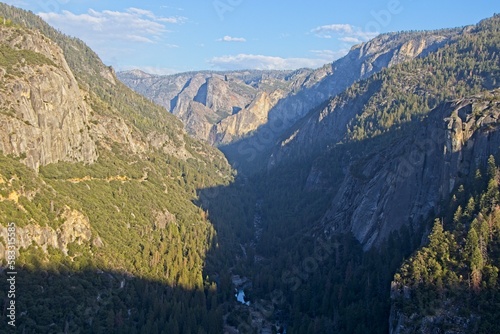 The Merced River cuts through Yosemite Valley, a glacial valley in the Sierra Nevada mountain range of California.