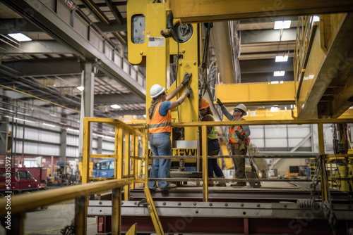 Female workers in hard hats using a crane to transport heavy equipment in an industrial facility, generative ai