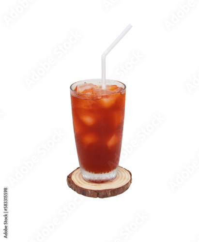 Tea lemon cocktail cola with ice on tall glass on small brown chopping board with white drinking straw. Isolated on cutout PNG. This refreshing summer drink with sweet and sour taste is popular.