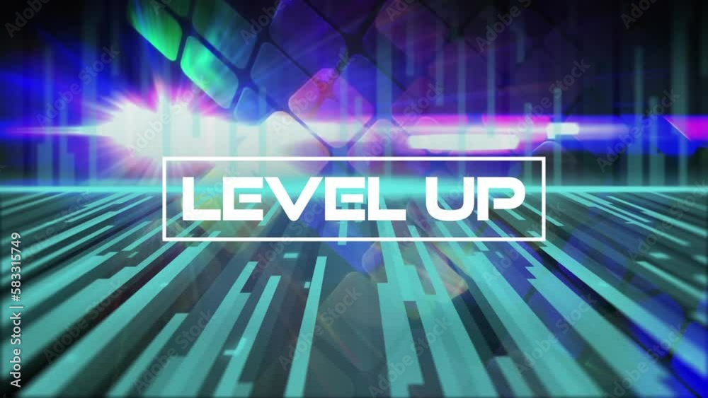 Animation of level up text in rectangle over bars and squares against abstract background Animation of level up text in rectangle over bars and squares against abstract background