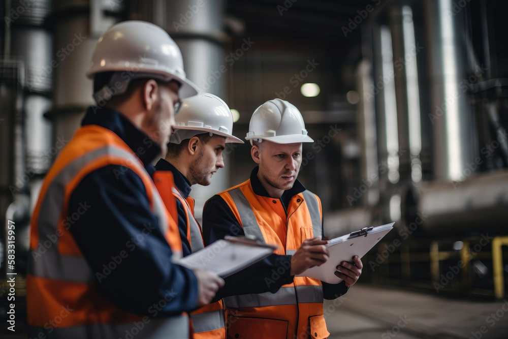group of chemical industry plant workers in work clothes discussing plans and strategies, standing near a complex system of pipes and valves, generative ai group of chemical industry plant workers in work clothes discussing plans and strategies, standing near a complex system of pipes and valves, generative ai