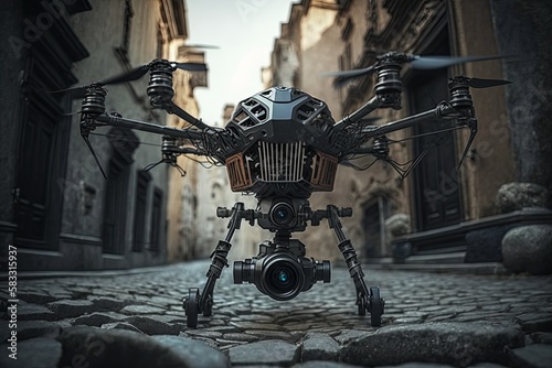 Drone with a camera in an urban environment. Generative AI