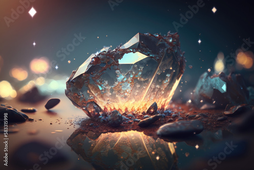 a magical gold crystal with a scattering of fragments around on a blurred background, generative AI