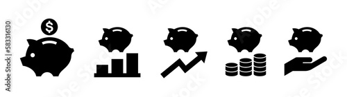 Piggy bank solid monochrome icon set. Saving money concept.