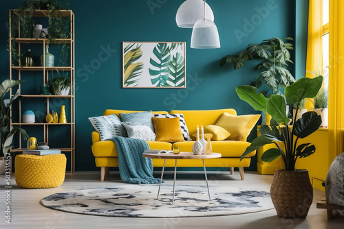 Room with blue wall and yellow furniture made with Generative AI