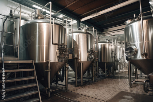 Industrial Brewery with Fermentation Tanks and Beer Kegs, generative ai