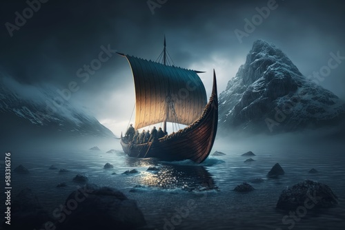 Viking Longboat Braving Stormy Seas Captured in Ethereal Photography; Octane-Fueled Adventure of Yacht, Sailboat, and Cruise to Sun-Kissed Shoreline, Generative AI