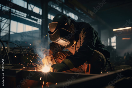 Industrial Welders Welding Large-Scale Steel Constructions in a Power Plant, generative ai