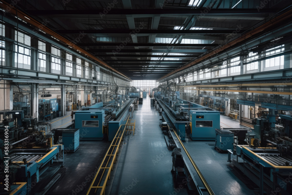 Large factory with a blue-collar workforce, busy assembly lines, and automated machines producing goods in a massive, well-lit warehouse, generative ai Large factory with a blue-collar workforce, busy assembly lines, and automated machines producing goods in a massive, well-lit warehouse, generative ai