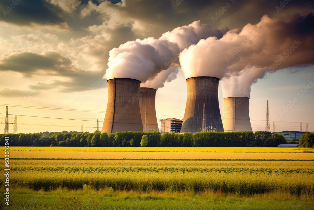 Large nuclear power plant with cooling towers emitting steam, producing energy in a rural landscape, generative ai Large nuclear power plant with cooling towers emitting steam, producing energy in a rural landscape, generative ai