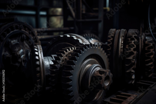 Large gear wheels coated in oil, set against a dark, shadowy industrial setting, evoking a gritty atmosphere, generative ai