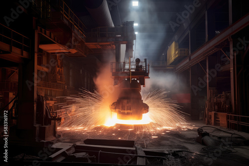 Large steel mill with sparks flying from molten metal, showcasing the production of raw steel materials, generative ai