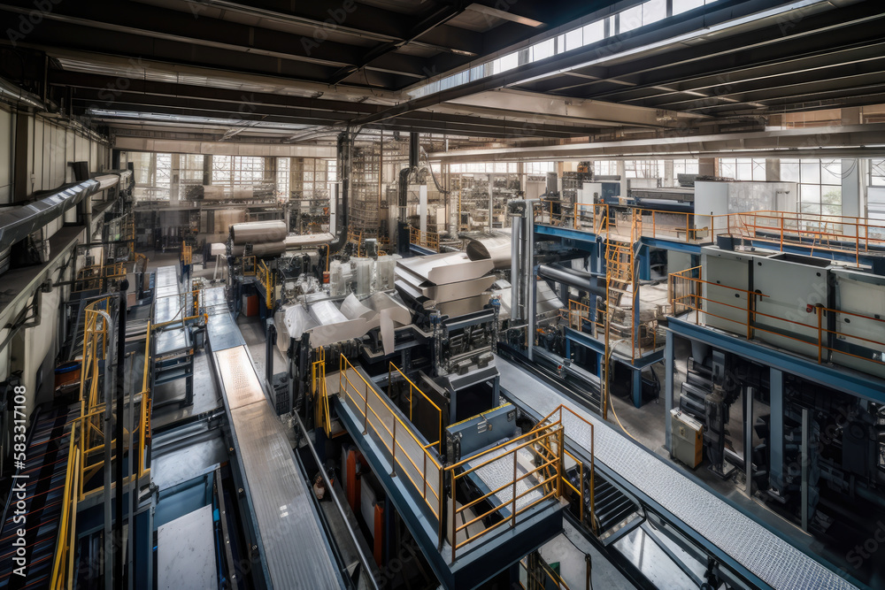 massive factory floor with towering machinery and conveyor belts moving products from one area to another, generative ai massive factory floor with towering machinery and conveyor belts moving products from one area to another, generative ai