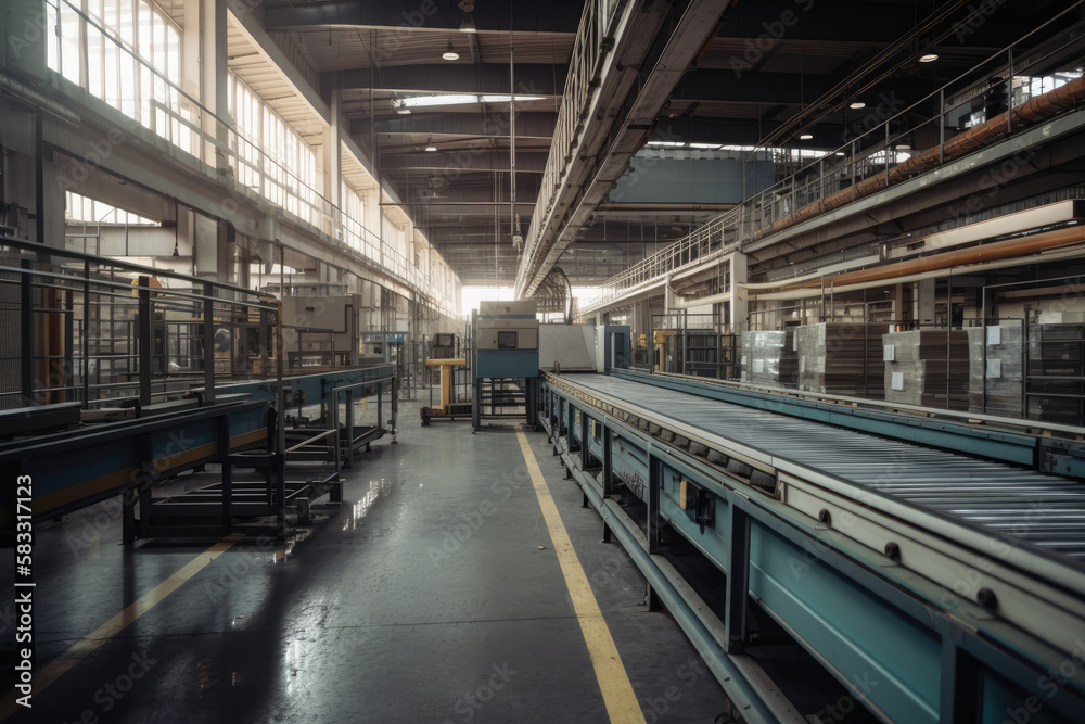 massive factory floor with towering machinery and conveyor belts moving products from one area to another, generative ai