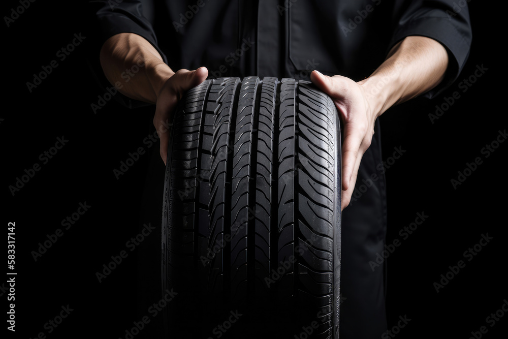 Mechanic presenting a new, high-quality car tire in a professional manner, with a sleek black background providing ample space for custom text, generative ai