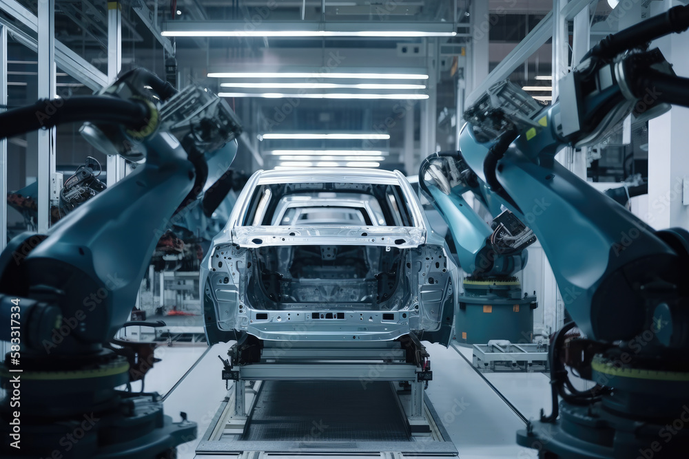 Modern robotics assembling a car in an automated factory with precision and efficiency, generative ai