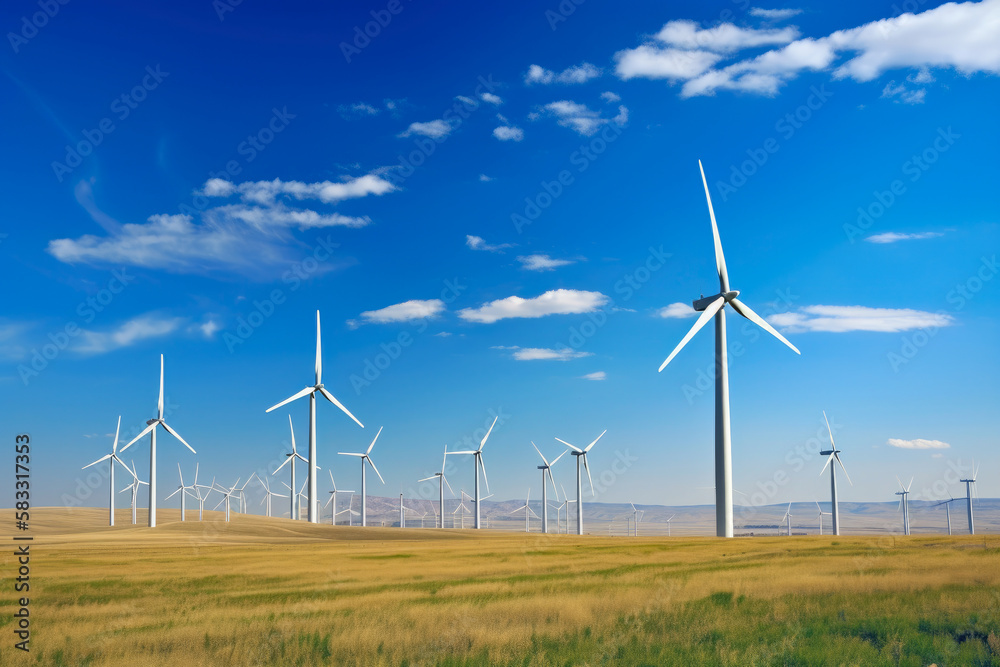 Modern wind farm with rows of towering wind turbines on a vast plain under blue sky