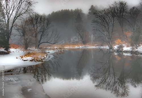 Foggy winter river scene