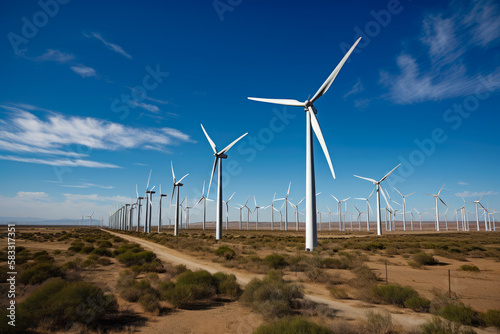 Modern wind farm with rows of towering wind turbines on a vast plain under blue sky", generative ai