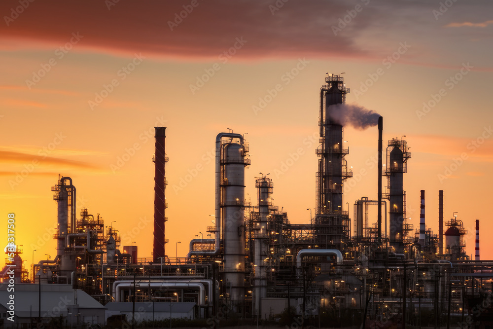 Oil refinery at sunset with silhouettes of workers, complex piping, and storage tanks, emitting smoke into the sky, generative ai