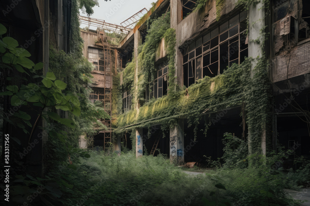 old abandoned factory with overgrown vegetation and broken windows, generative ai