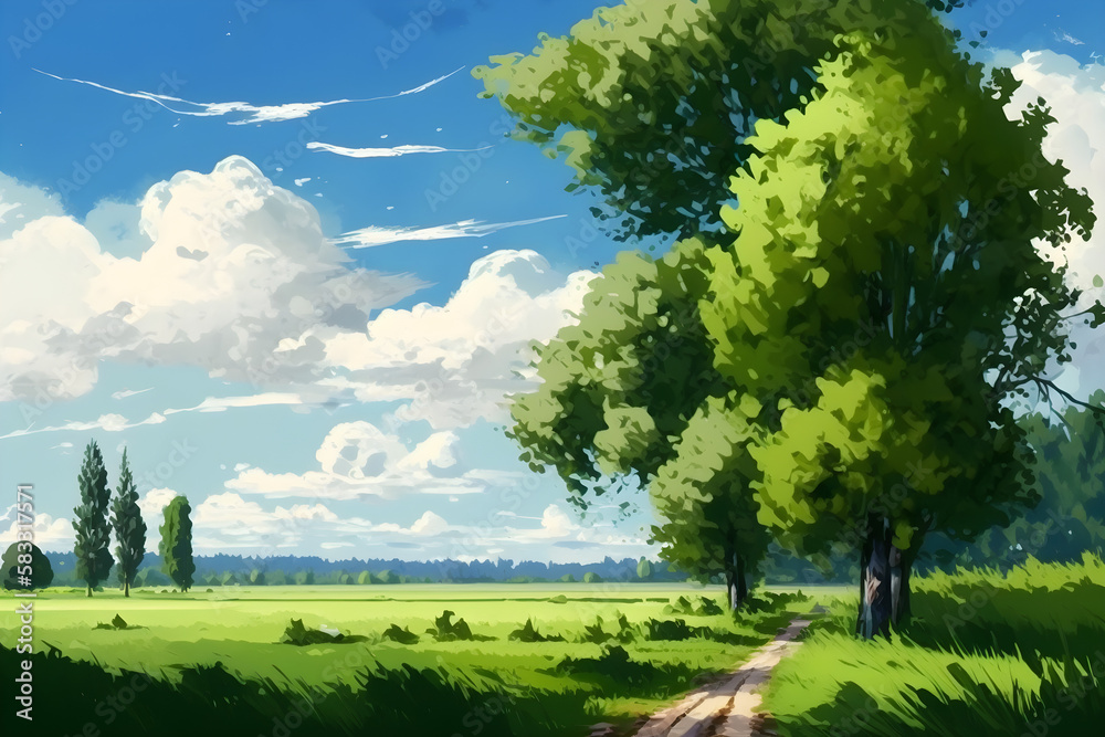 Obraz premium Green fields in the summer with grass, trees, white clouds, and a clear sky. backdrop scenery