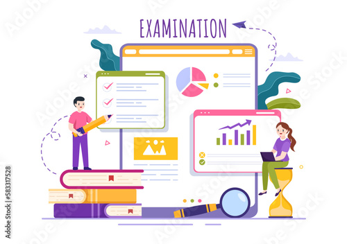 Examination Paper Illustration with Online Exam  Form  Papers Answers  Survey or Internet Quiz in Flat Cartoon Hand Drawn for Landing Page Templates