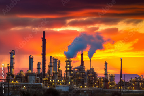 Oil refinery with numerous pipelines and storage tanks  spewing thick fumes into the sky  as a fiery sunset looms behind it  generative ai