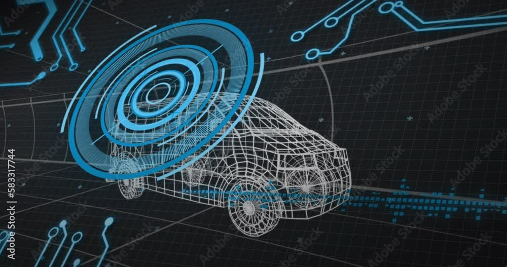 Animation of 3d model of car with digital interface and circuit board elements Animation of 3d model of car with digital interface and circuit board elements