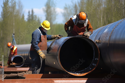 Pipeline welding site with workers in protective gear, using welding equipment to join sections of large diameter pipes, generative ai photo