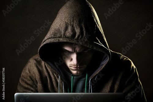 Hacker in hoodie breaking into data server dark theme. Generative AI