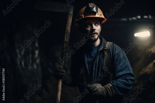 Portrait of a miner in work clothes wearing a hard hat and carrying a pickaxe, standing in a dark underground tunnel, generative ai