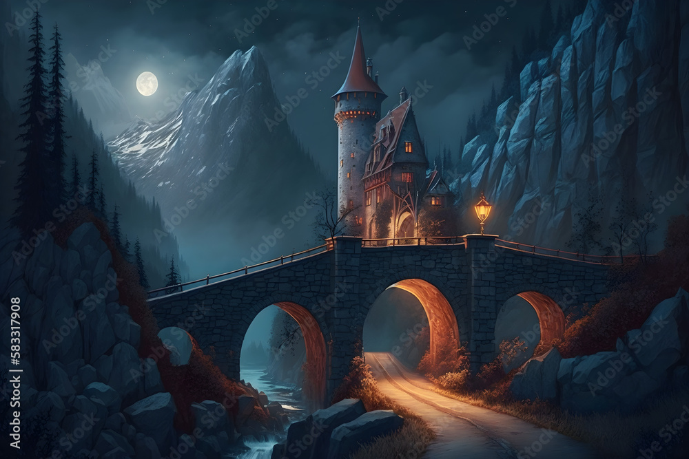 a medieval bridge in the mountains leading to a castle is depicted in ...
