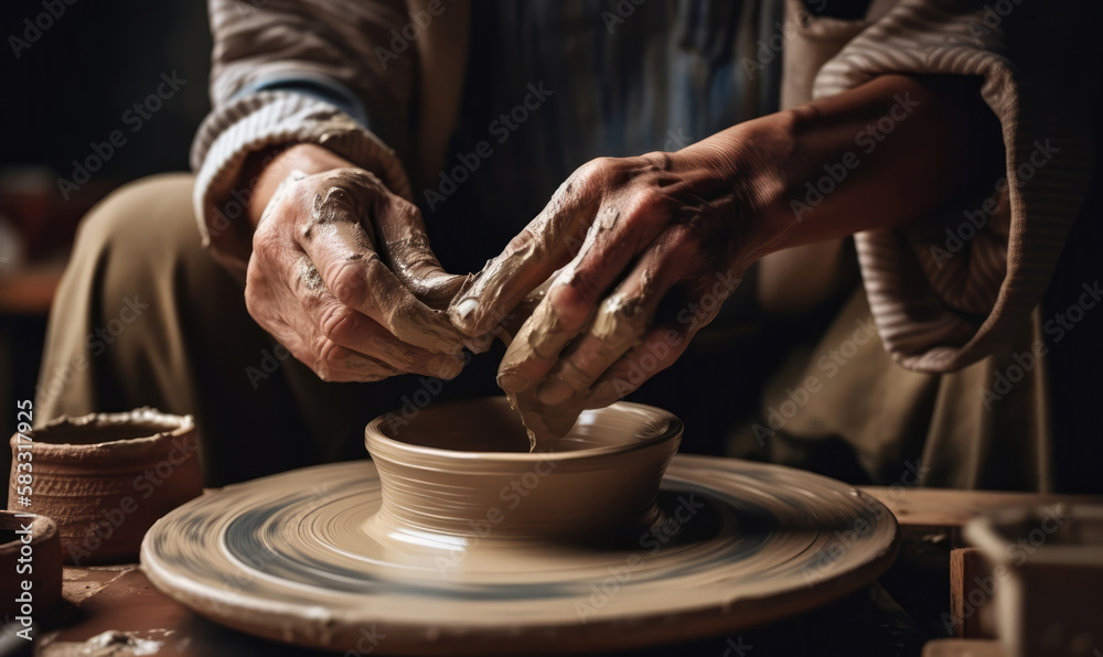 Hands Crafting Ceramic Bowl On A Pottery Wheel. Generative AI.