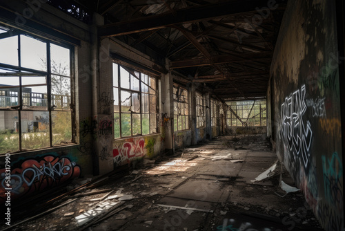 Rusty Abandoned Factory with Broken Windows and Graffiti, generative ai