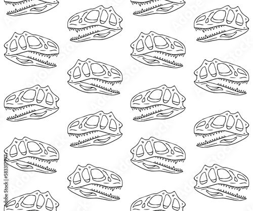 Vector seamless pattern of hand drawn sketch tyrannosaurus dinosaur skull isolated on white background