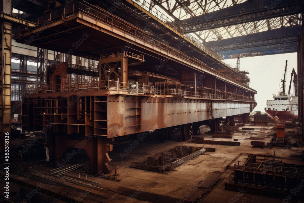 Shipyard with large cranes and workers constructing a cargo ship, welding and assembling massive steel plates, generative ai Shipyard with large cranes and workers constructing a cargo ship, welding and assembling massive steel plates, generative ai