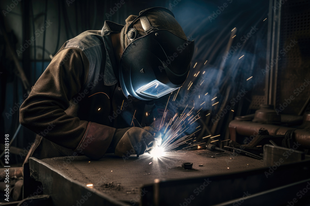Skilled Welders Fabricating Steel Parts for Heavy-Duty Farming Equipment, generative ai Skilled Welders Fabricating Steel Parts for Heavy-Duty Farming Equipment, generative ai