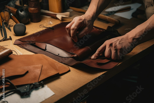 Skilled craftsmen working in a traditional leather workshop, crafting handbags, wallets, and accessories, generative ai