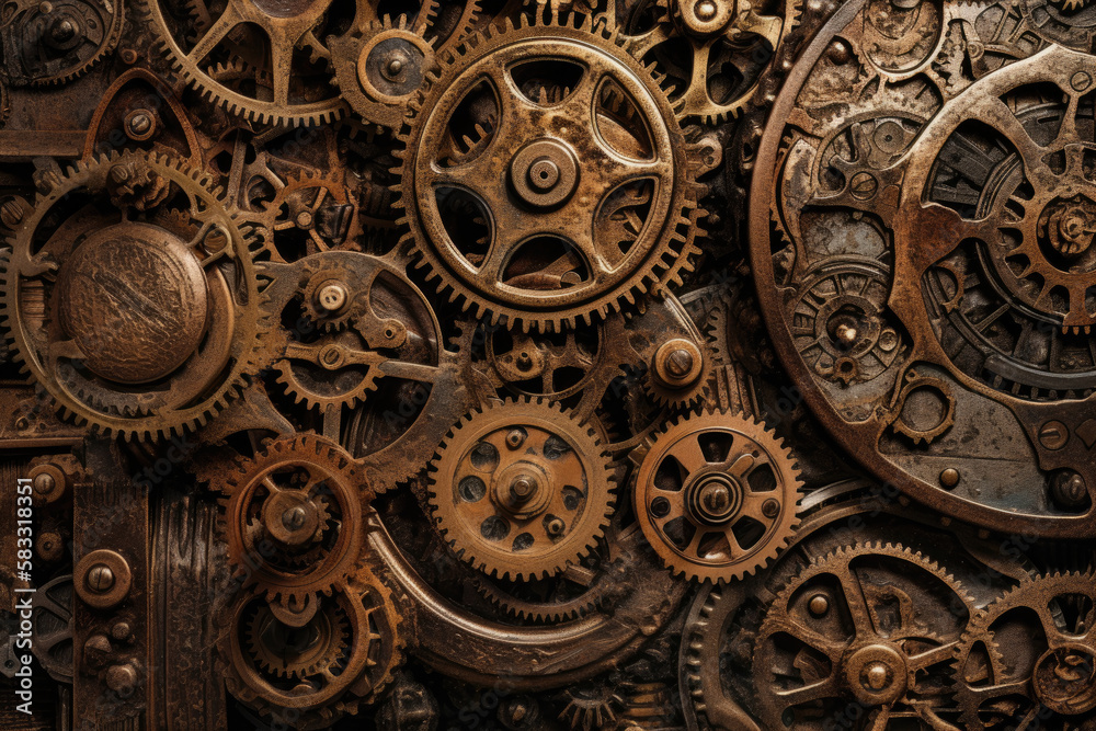 Steampunk-inspired gear wheels embedded in a clockwork mechanism, set against an antique, textured background, generative ai